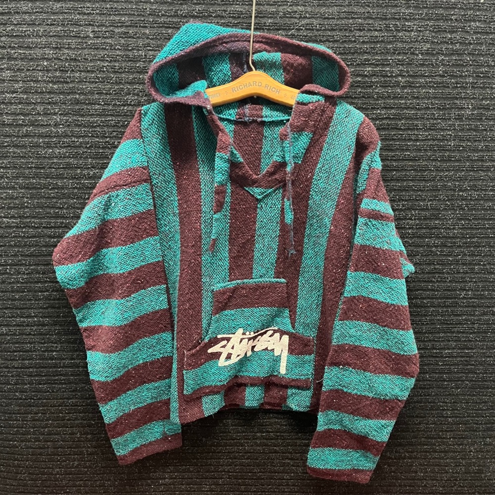 Stussy Baja Hoodie Striped Teal Burgundy Woven Drug Rug Graphic Pullover Mens L
